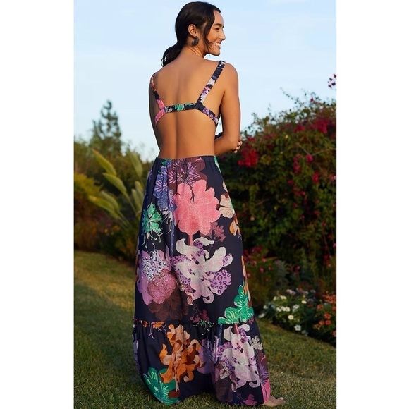 Anthropologie Maeve Cut-Out Maxi Dress Navy Blue Floral Print - Picture 2 of 14